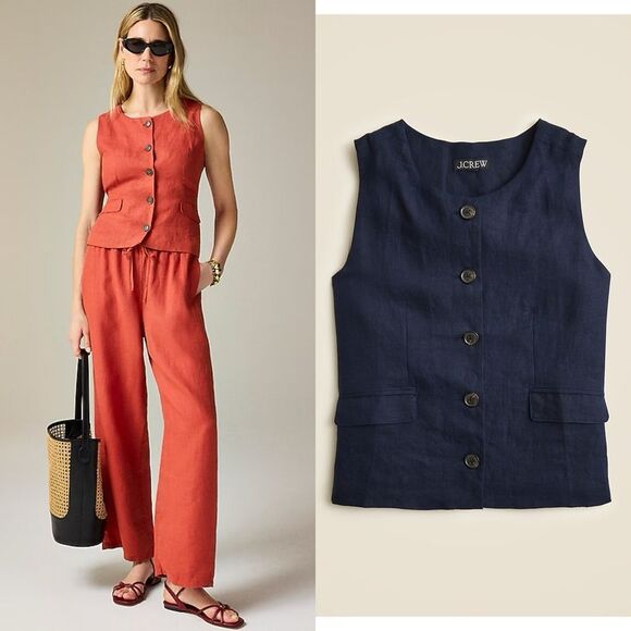 NWT J CREW Crewneck vest in linen in Navy - Picture 1 of 7